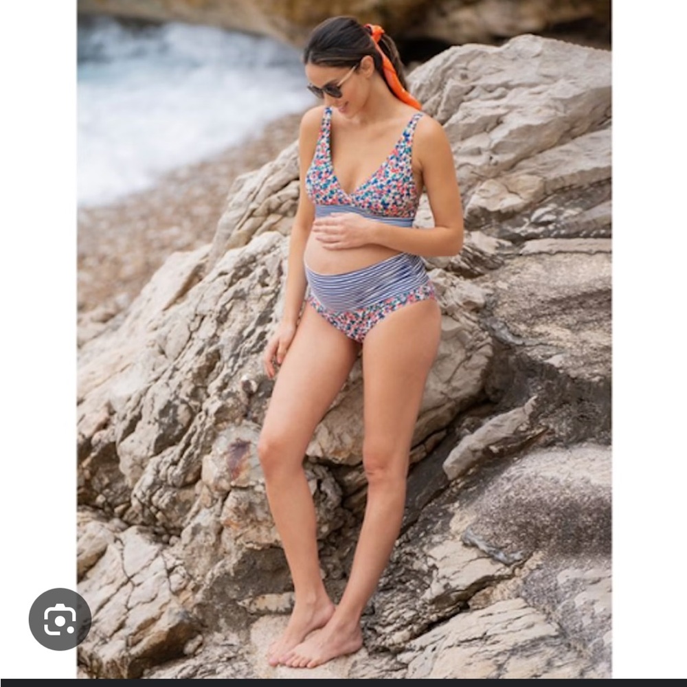 Seraphine Algarve Floral and Stripe Maternity Bikini and Foldover Bikini Bottoms